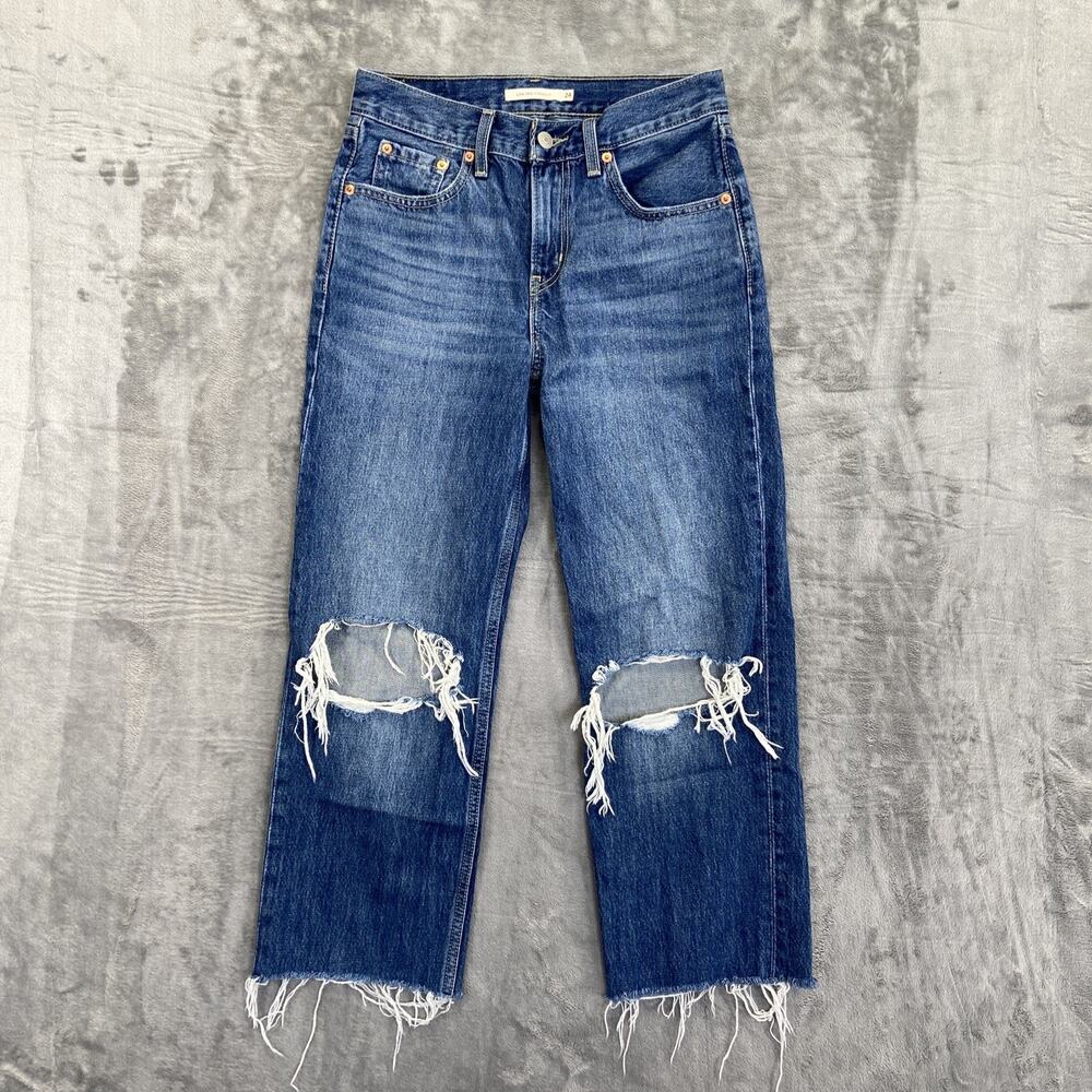 Levi's Low Pro Straight Distressed Jeans Women's Size 24 Blue Denim‎